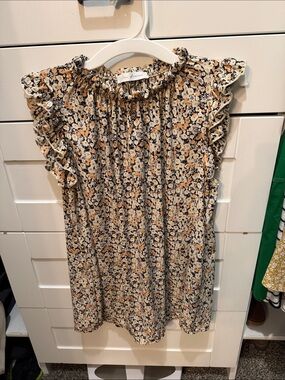 Ces Femme Floral Ruffled Sleeveless Top - Cream, Black & Mustard
